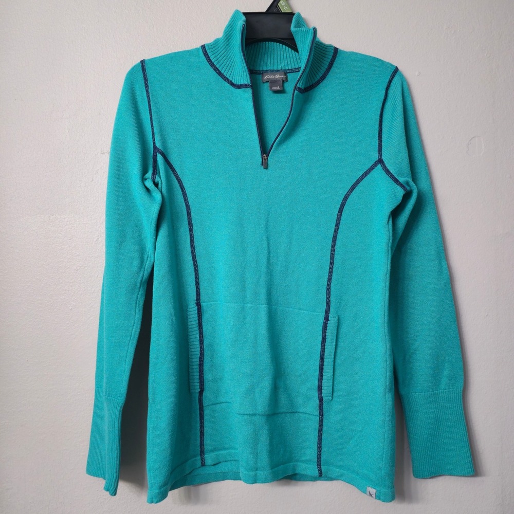 Eddie Bauer Womens Small Teal Green Viloft Blend Quarter Zip Sweater Mock Neck